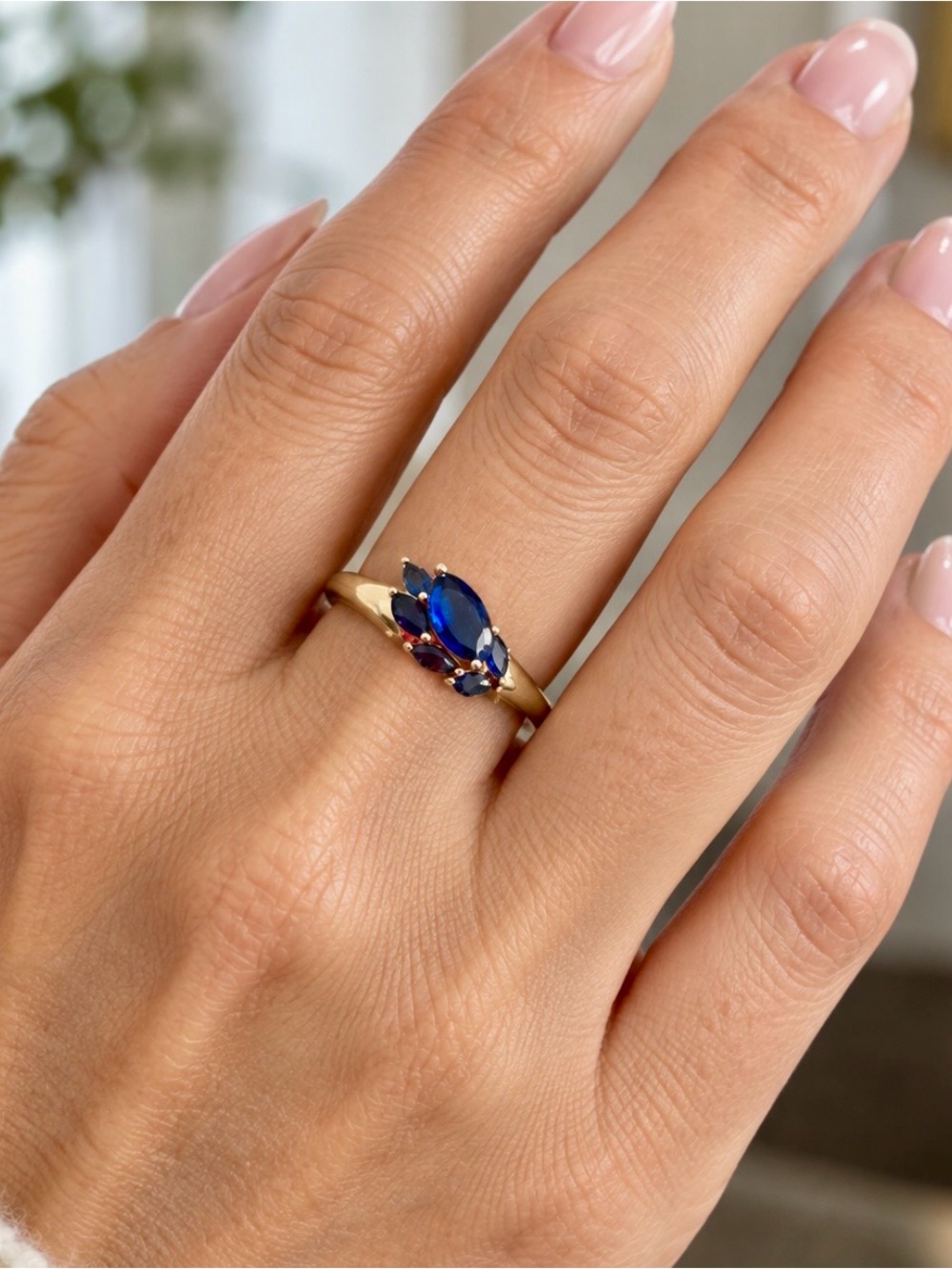 Gold Ring with Deep Blue Sapphire Marquise Stones